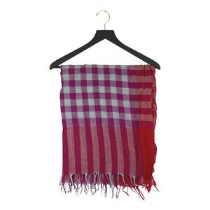Paul Smith 100% Wool Scarf Gingham Plaid Striped Fringe Red Purple Blue
